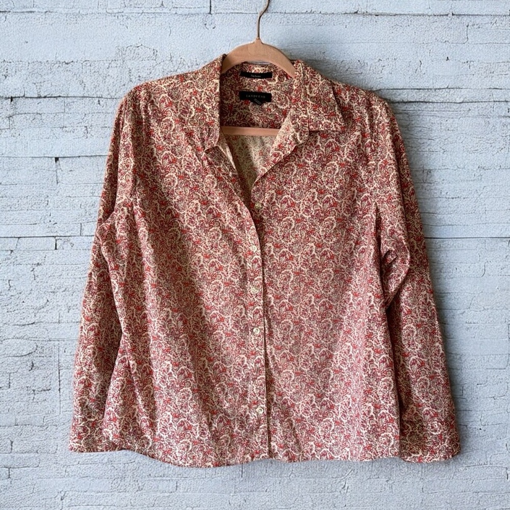 Lands’end Pp23 L24. Sh to cuff 24 button down blouse with flower foliage print
